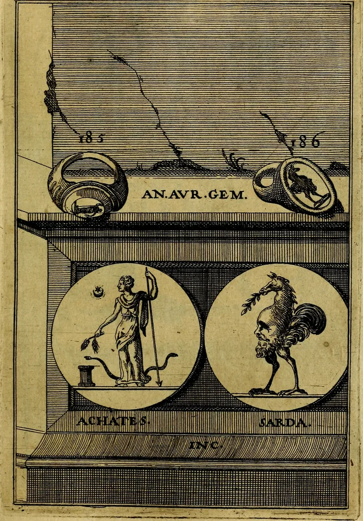 An illustration from Dactyliothecae, seu Annulorum sigillarium quorum priscos tam Graecos quam Romanos usus, ex ferro, aere, argento & auro promptuarii ... Collectis aliunde & ineditis & editis annulorum figuris auctior;, 1695, leaf 278