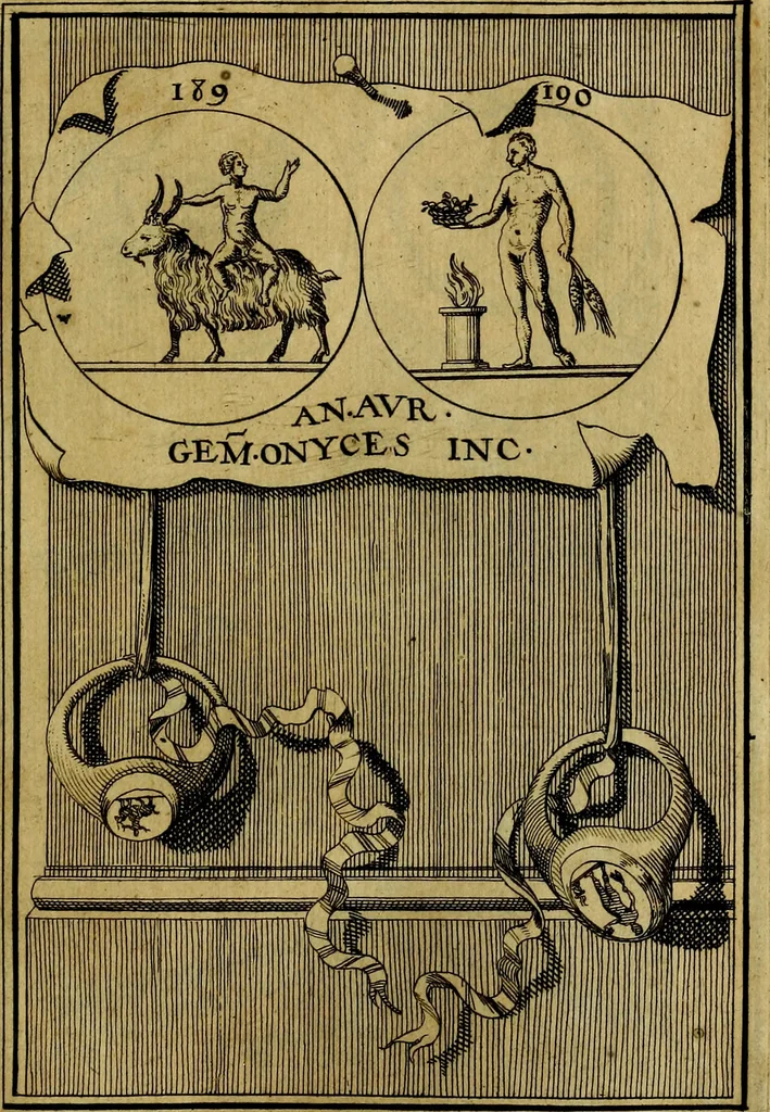 An illustration from Dactyliothecae, seu Annulorum sigillarium quorum priscos tam Graecos quam Romanos usus, ex ferro, aere, argento & auro promptuarii ... Collectis aliunde & ineditis & editis annulorum figuris auctior;, 1695, leaf 282
