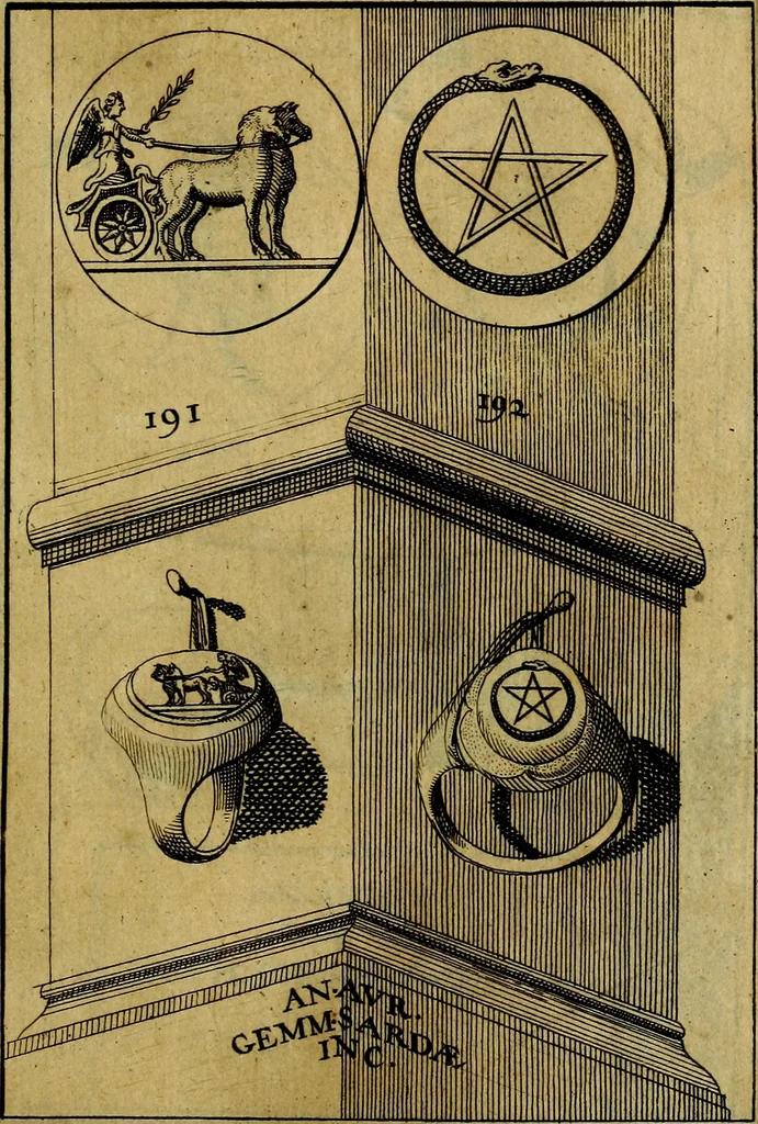 An illustration from Dactyliothecae, seu Annulorum sigillarium quorum priscos tam Graecos quam Romanos usus, ex ferro, aere, argento & auro promptuarii ... Collectis aliunde & ineditis & editis annulorum figuris auctior;, 1695, leaf 284