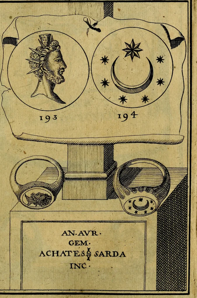 An illustration from Dactyliothecae, seu Annulorum sigillarium quorum priscos tam Graecos quam Romanos usus, ex ferro, aere, argento & auro promptuarii ... Collectis aliunde & ineditis & editis annulorum figuris auctior;, 1695, leaf 286