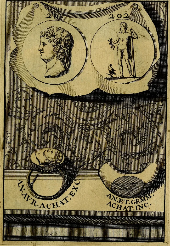 An illustration from Dactyliothecae, seu Annulorum sigillarium quorum priscos tam Graecos quam Romanos usus, ex ferro, aere, argento & auro promptuarii ... Collectis aliunde & ineditis & editis annulorum figuris auctior;, 1695, leaf 294