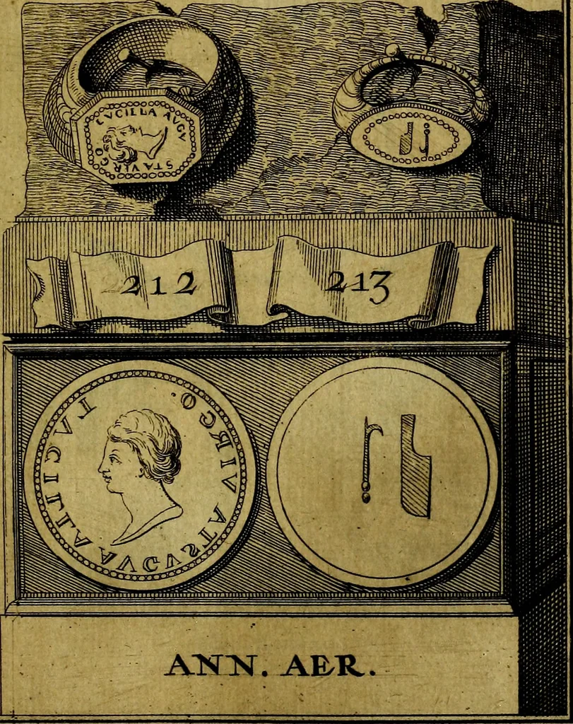An illustration from Dactyliothecae, seu Annulorum sigillarium quorum priscos tam Graecos quam Romanos usus, ex ferro, aere, argento & auro promptuarii ... Collectis aliunde & ineditis & editis annulorum figuris auctior;, 1695, leaf 302