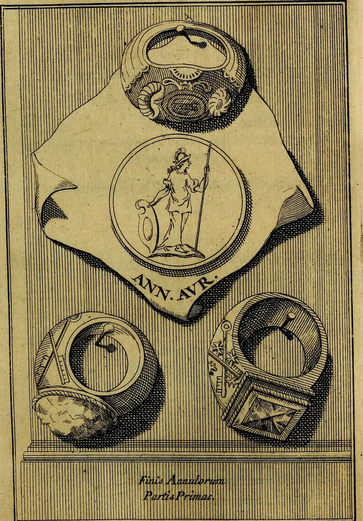 An illustration from Dactyliothecae, seu Annulorum sigillarium quorum priscos tam Graecos quam Romanos usus, ex ferro, aere, argento & auro promptuarii ... Collectis aliunde & ineditis & editis annulorum figuris auctior;, 1695, leaf 304