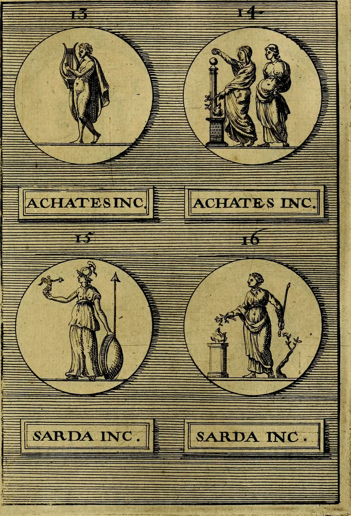 An illustration from Dactyliothecae, seu Annulorum sigillarium quorum priscos tam Graecos quam Romanos usus, ex ferro, aere, argento & auro promptuarii ... Collectis aliunde & ineditis & editis annulorum figuris auctior;, 1695, leaf 374