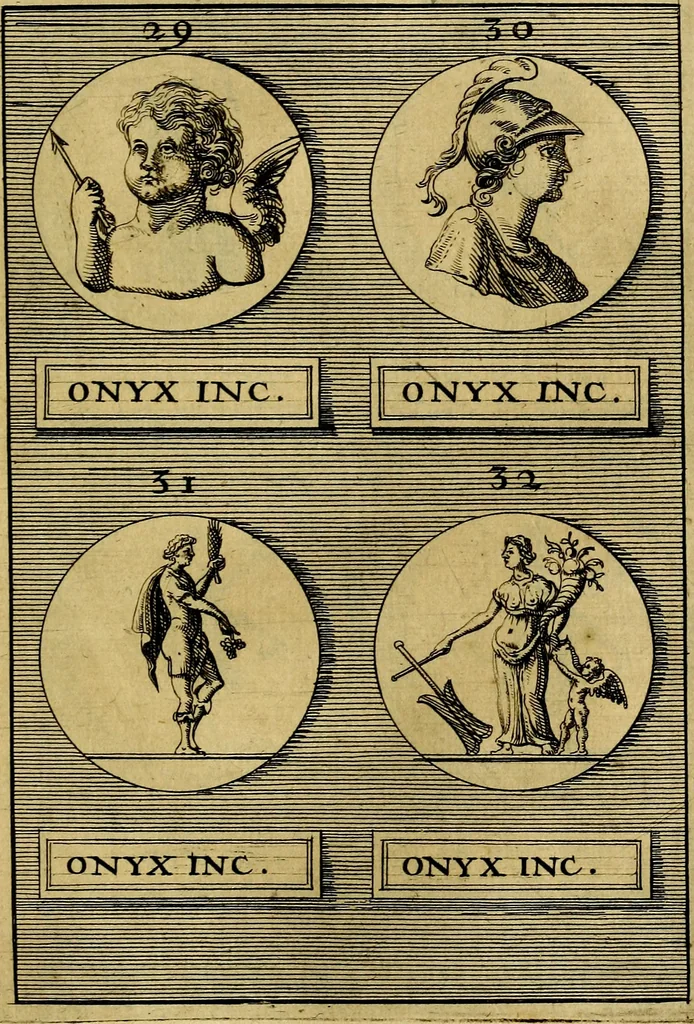 An illustration from Dactyliothecae, seu Annulorum sigillarium quorum priscos tam Graecos quam Romanos usus, ex ferro, aere, argento & auro promptuarii ... Collectis aliunde & ineditis & editis annulorum figuris auctior;, 1695, leaf 382