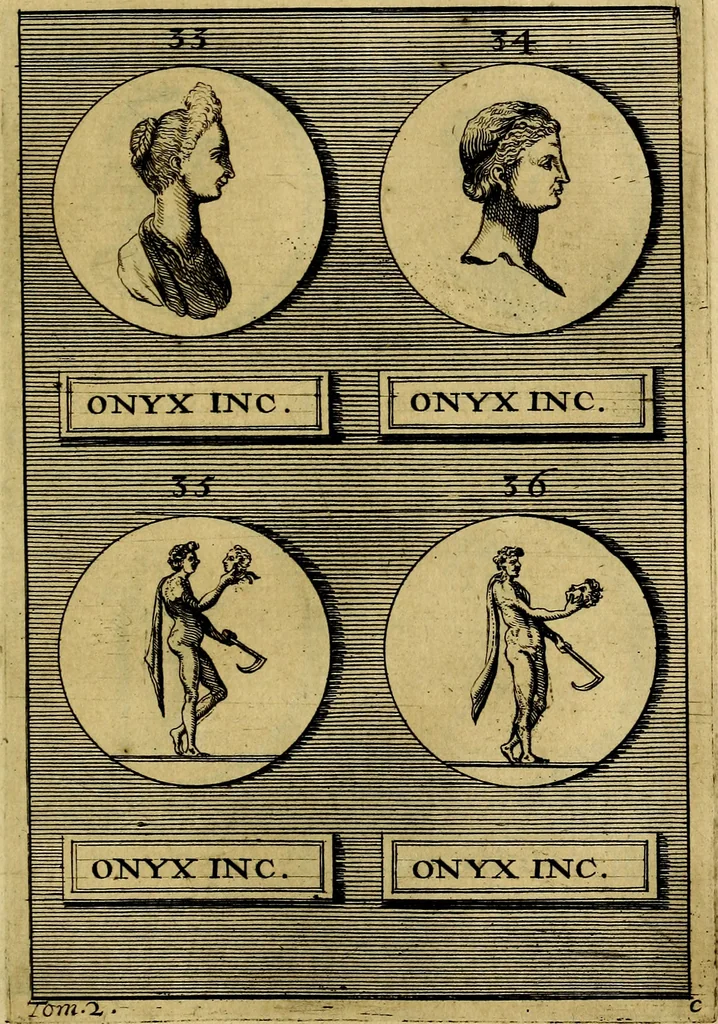 An illustration from Dactyliothecae, seu Annulorum sigillarium quorum priscos tam Graecos quam Romanos usus, ex ferro, aere, argento & auro promptuarii ... Collectis aliunde & ineditis & editis annulorum figuris auctior;, 1695, leaf 384