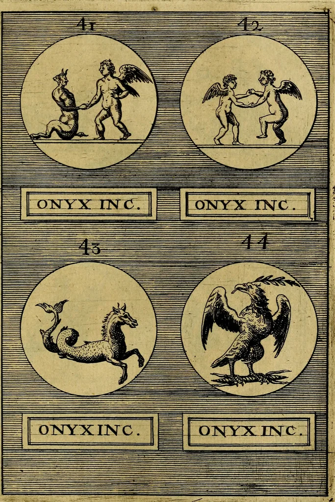 An illustration from Dactyliothecae, seu Annulorum sigillarium quorum priscos tam Graecos quam Romanos usus, ex ferro, aere, argento & auro promptuarii ... Collectis aliunde & ineditis & editis annulorum figuris auctior;, 1695, leaf 388