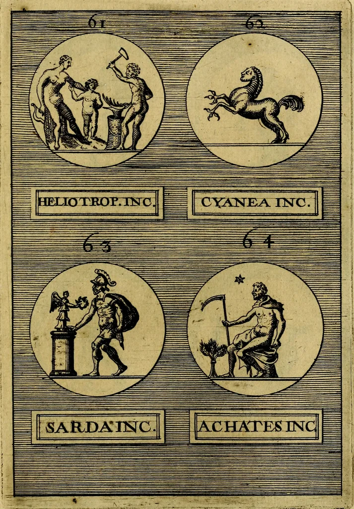 An illustration from Dactyliothecae, seu Annulorum sigillarium quorum priscos tam Graecos quam Romanos usus, ex ferro, aere, argento & auro promptuarii ... Collectis aliunde & ineditis & editis annulorum figuris auctior;, 1695, leaf 398