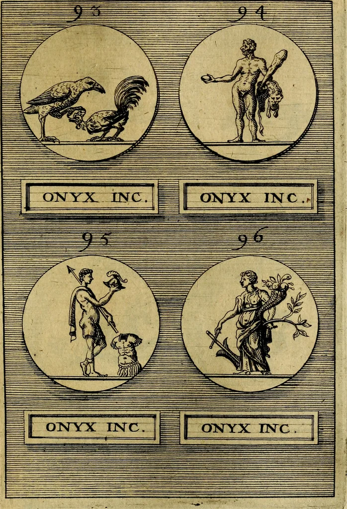 An illustration from Dactyliothecae, seu Annulorum sigillarium quorum priscos tam Graecos quam Romanos usus, ex ferro, aere, argento & auro promptuarii ... Collectis aliunde & ineditis & editis annulorum figuris auctior;, 1695, leaf 414