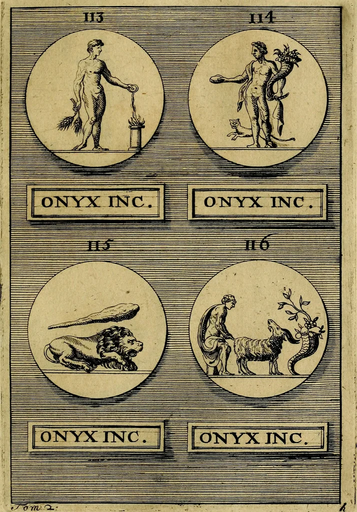 An illustration from Dactyliothecae, seu Annulorum sigillarium quorum priscos tam Graecos quam Romanos usus, ex ferro, aere, argento & auro promptuarii ... Collectis aliunde & ineditis & editis annulorum figuris auctior;, 1695, leaf 424