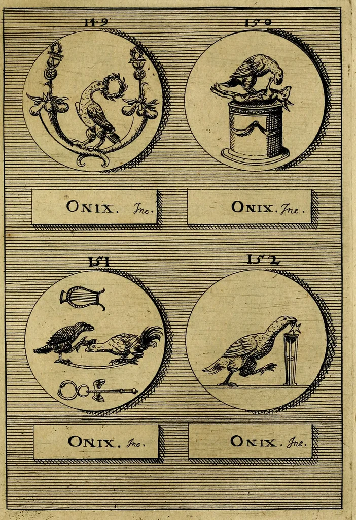 An illustration from Dactyliothecae, seu Annulorum sigillarium quorum priscos tam Graecos quam Romanos usus, ex ferro, aere, argento & auro promptuarii ... Collectis aliunde & ineditis & editis annulorum figuris auctior;, 1695, leaf 442
