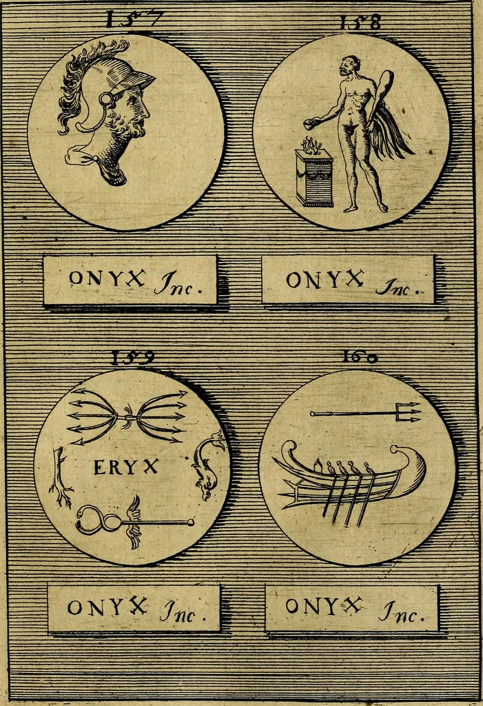 An illustration from Dactyliothecae, seu Annulorum sigillarium quorum priscos tam Graecos quam Romanos usus, ex ferro, aere, argento & auro promptuarii ... Collectis aliunde & ineditis & editis annulorum figuris auctior;, 1695, leaf 446