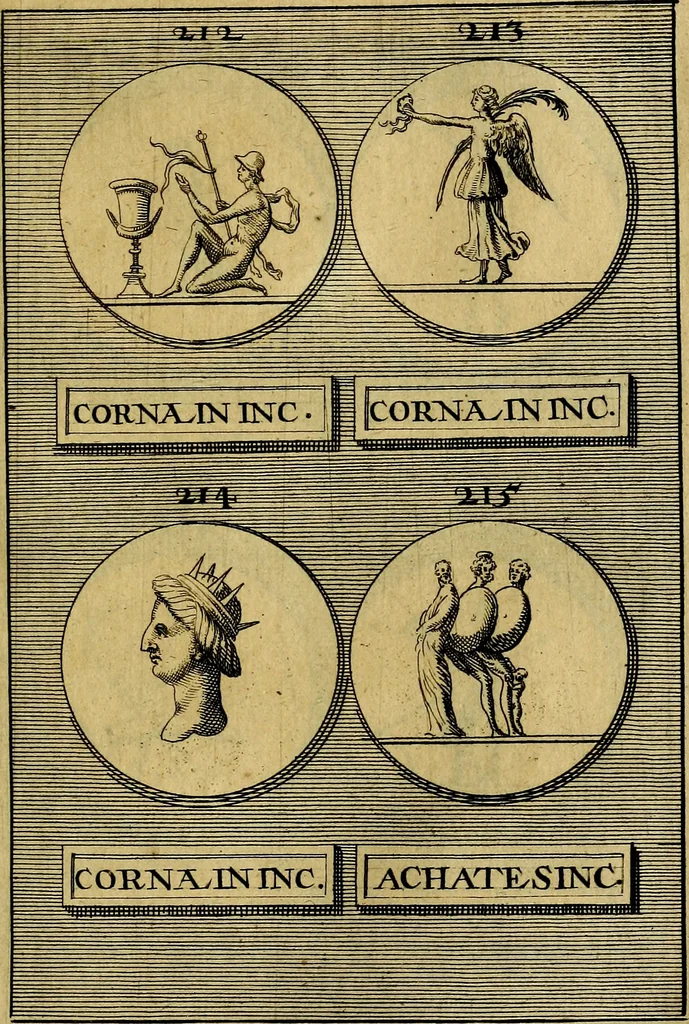 An illustration from Dactyliothecae, seu Annulorum sigillarium quorum priscos tam Graecos quam Romanos usus, ex ferro, aere, argento & auro promptuarii ... Collectis aliunde & ineditis & editis annulorum figuris auctior;, 1695, leaf 474