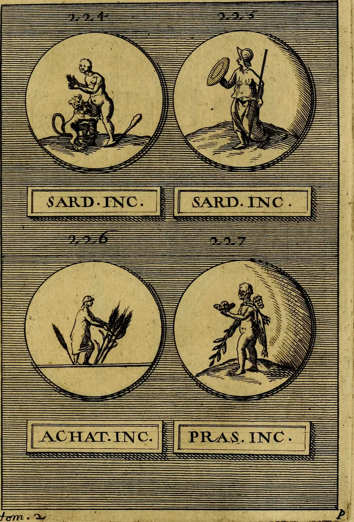 An illustration from Dactyliothecae, seu Annulorum sigillarium quorum priscos tam Graecos quam Romanos usus, ex ferro, aere, argento & auro promptuarii ... Collectis aliunde & ineditis & editis annulorum figuris auctior;, 1695, leaf 480