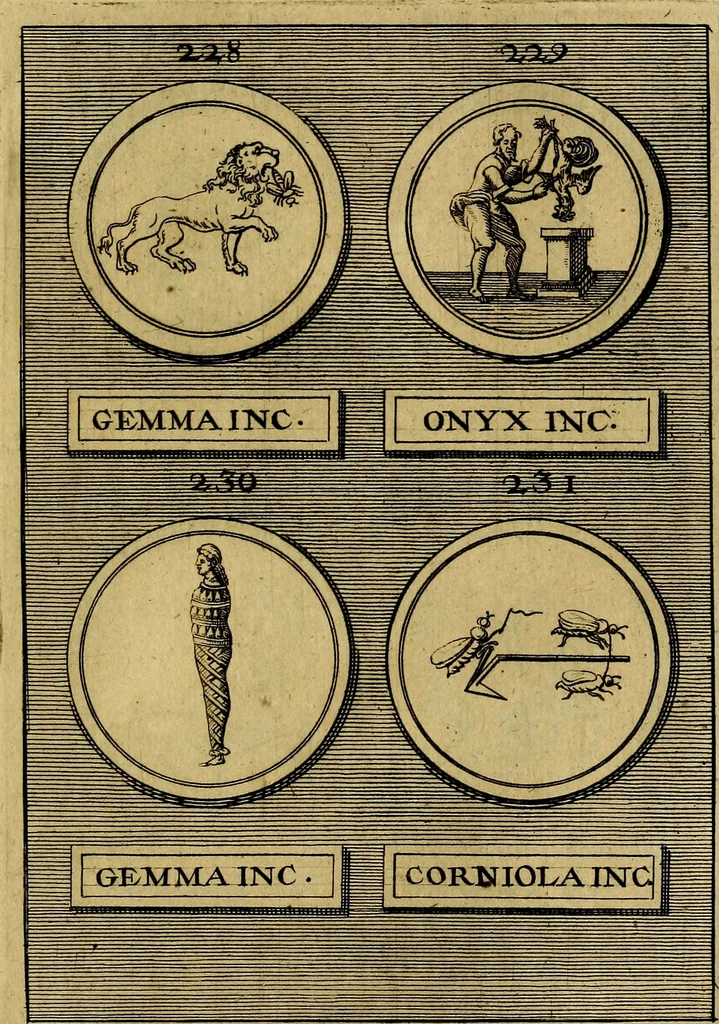 An illustration from Dactyliothecae, seu Annulorum sigillarium quorum priscos tam Graecos quam Romanos usus, ex ferro, aere, argento & auro promptuarii ... Collectis aliunde & ineditis & editis annulorum figuris auctior;, 1695, leaf 482