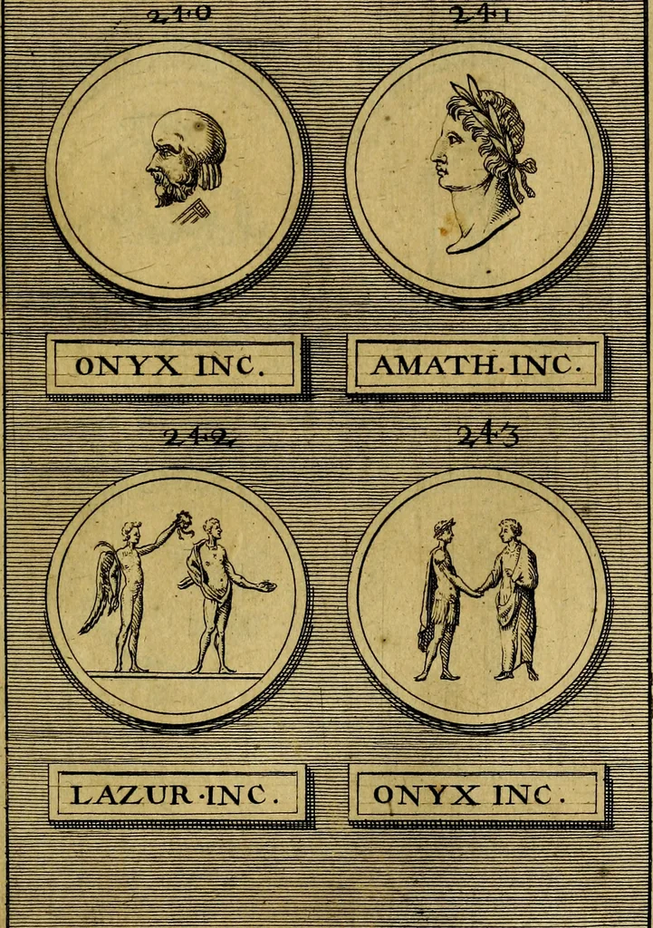 An illustration from Dactyliothecae, seu Annulorum sigillarium quorum priscos tam Graecos quam Romanos usus, ex ferro, aere, argento & auro promptuarii ... Collectis aliunde & ineditis & editis annulorum figuris auctior;, 1695, leaf 488