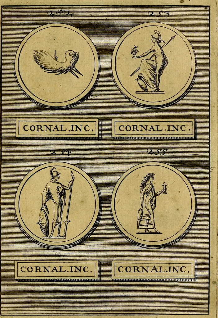 An illustration from Dactyliothecae, seu Annulorum sigillarium quorum priscos tam Graecos quam Romanos usus, ex ferro, aere, argento & auro promptuarii ... Collectis aliunde & ineditis & editis annulorum figuris auctior;, 1695, leaf 494
