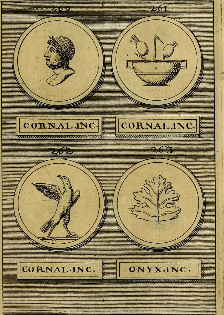 An illustration from Dactyliothecae, seu Annulorum sigillarium quorum priscos tam Graecos quam Romanos usus, ex ferro, aere, argento & auro promptuarii ... Collectis aliunde & ineditis & editis annulorum figuris auctior;, 1695, leaf 498