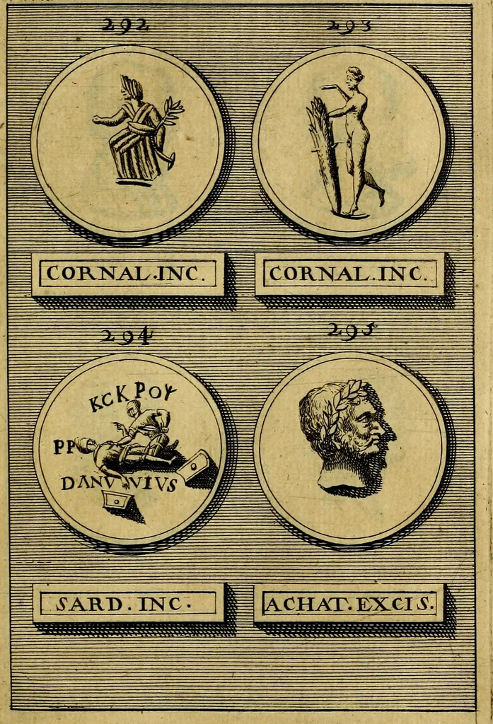An illustration from Dactyliothecae, seu Annulorum sigillarium quorum priscos tam Graecos quam Romanos usus, ex ferro, aere, argento & auro promptuarii ... Collectis aliunde & ineditis & editis annulorum figuris auctior;, 1695, leaf 514
