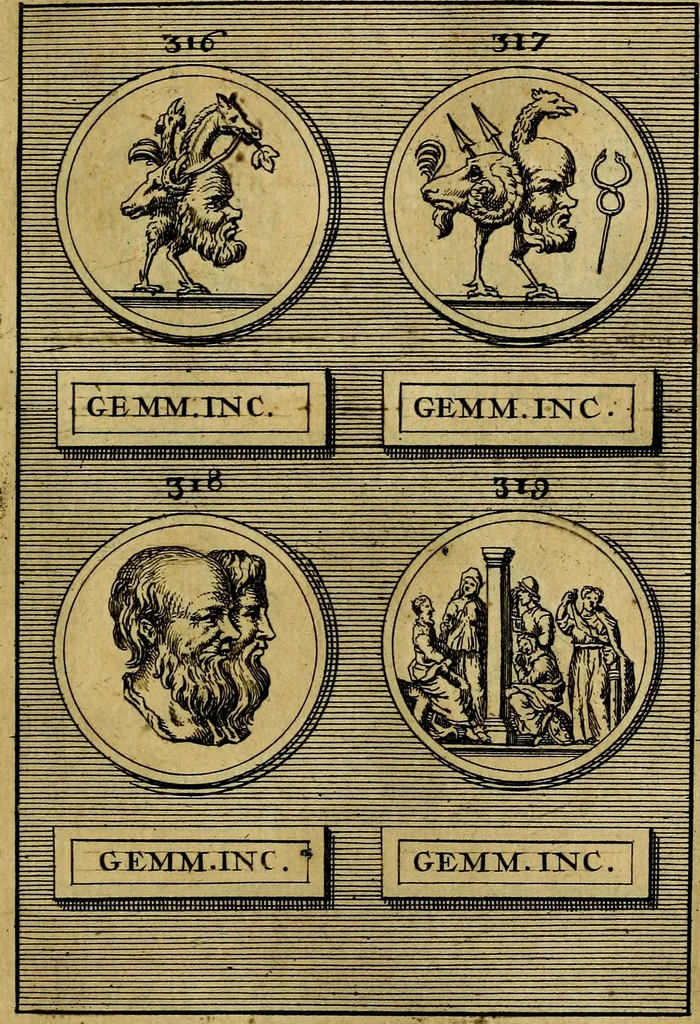 An illustration from Dactyliothecae, seu Annulorum sigillarium quorum priscos tam Graecos quam Romanos usus, ex ferro, aere, argento & auro promptuarii ... Collectis aliunde & ineditis & editis annulorum figuris auctior;, 1695, leaf 526