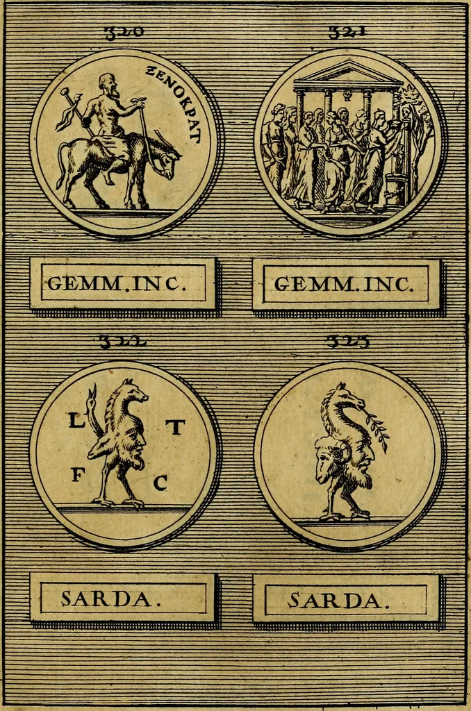 An illustration from Dactyliothecae, seu Annulorum sigillarium quorum priscos tam Graecos quam Romanos usus, ex ferro, aere, argento & auro promptuarii ... Collectis aliunde & ineditis & editis annulorum figuris auctior;, 1695, leaf 528