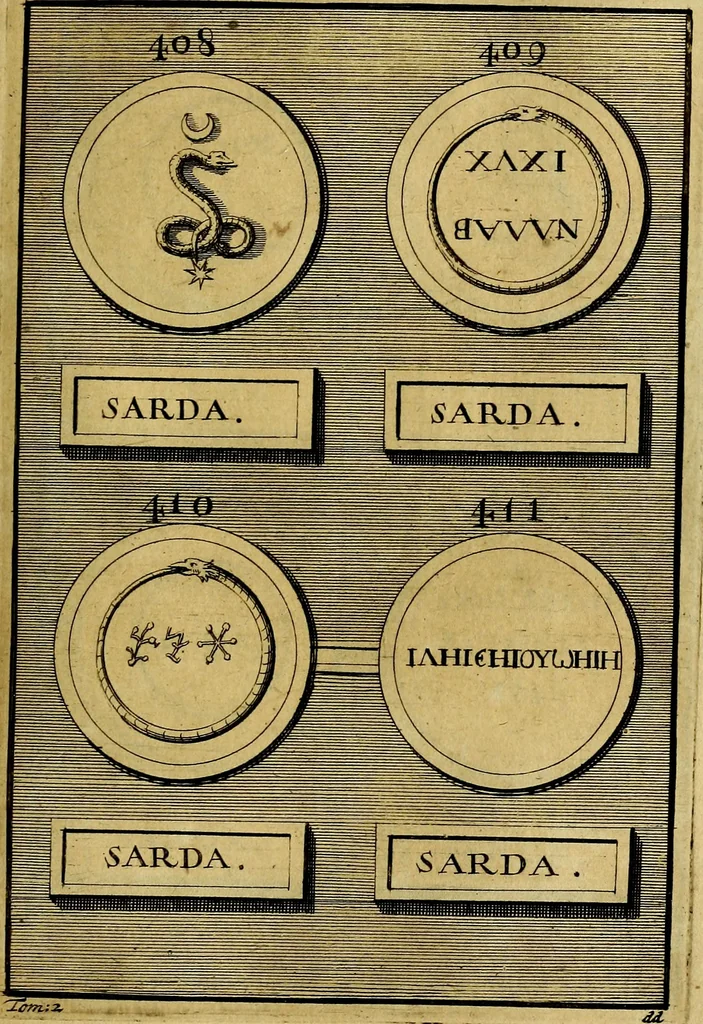 An illustration from Dactyliothecae, seu Annulorum sigillarium quorum priscos tam Graecos quam Romanos usus, ex ferro, aere, argento & auro promptuarii ... Collectis aliunde & ineditis & editis annulorum figuris auctior;, 1695, leaf 572
