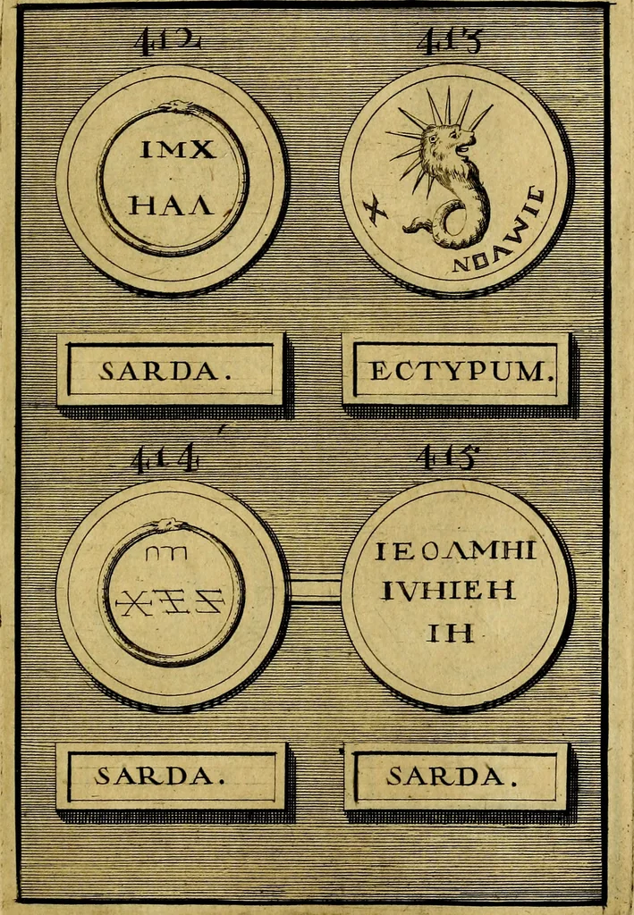 An illustration from Dactyliothecae, seu Annulorum sigillarium quorum priscos tam Graecos quam Romanos usus, ex ferro, aere, argento & auro promptuarii ... Collectis aliunde & ineditis & editis annulorum figuris auctior;, 1695, leaf 574