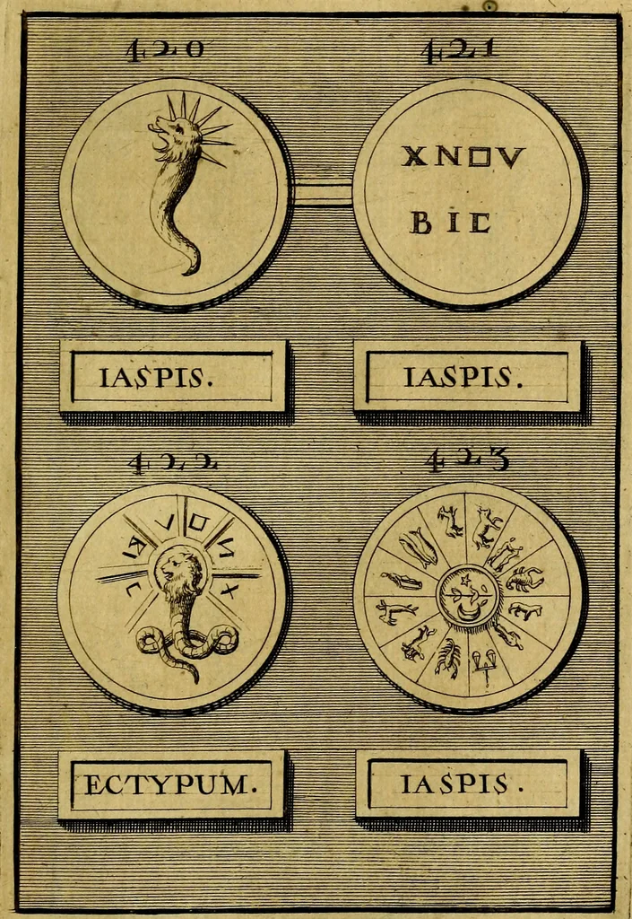 An illustration from Dactyliothecae, seu Annulorum sigillarium quorum priscos tam Graecos quam Romanos usus, ex ferro, aere, argento & auro promptuarii ... Collectis aliunde & ineditis & editis annulorum figuris auctior;, 1695, leaf 578