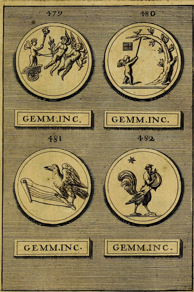 An illustration from Dactyliothecae, seu Annulorum sigillarium quorum priscos tam Graecos quam Romanos usus, ex ferro, aere, argento & auro promptuarii ... Collectis aliunde & ineditis & editis annulorum figuris auctior;, 1695, leaf 608