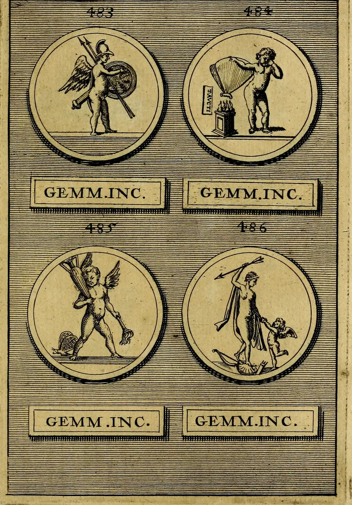 An illustration from Dactyliothecae, seu Annulorum sigillarium quorum priscos tam Graecos quam Romanos usus, ex ferro, aere, argento & auro promptuarii ... Collectis aliunde & ineditis & editis annulorum figuris auctior;, 1695, leaf 610