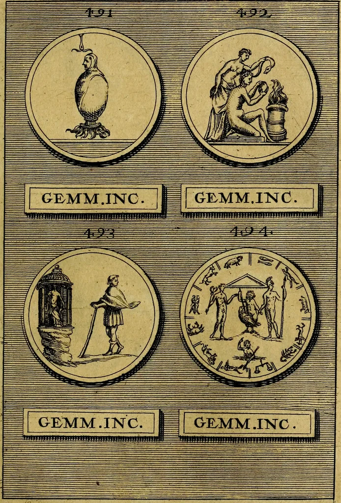 An illustration from Dactyliothecae, seu Annulorum sigillarium quorum priscos tam Graecos quam Romanos usus, ex ferro, aere, argento & auro promptuarii ... Collectis aliunde & ineditis & editis annulorum figuris auctior;, 1695, leaf 614
