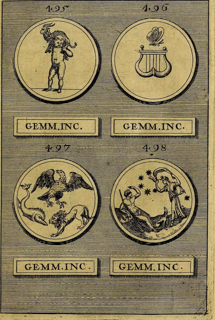 An illustration from Dactyliothecae, seu Annulorum sigillarium quorum priscos tam Graecos quam Romanos usus, ex ferro, aere, argento & auro promptuarii ... Collectis aliunde & ineditis & editis annulorum figuris auctior;, 1695, leaf 616