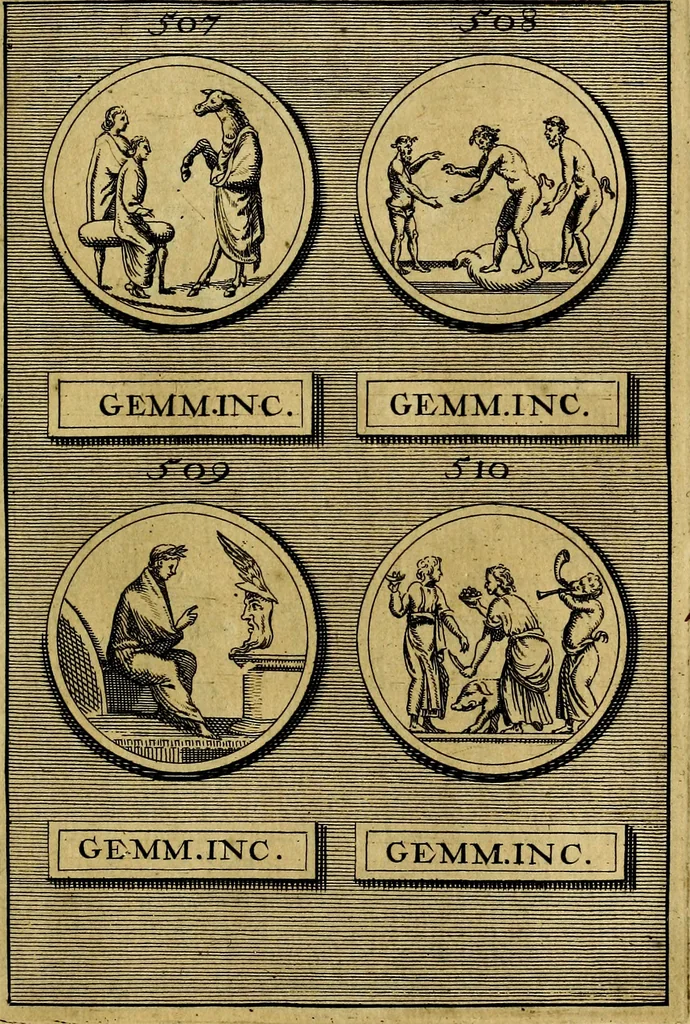 An illustration from Dactyliothecae, seu Annulorum sigillarium quorum priscos tam Graecos quam Romanos usus, ex ferro, aere, argento & auro promptuarii ... Collectis aliunde & ineditis & editis annulorum figuris auctior;, 1695, leaf 622
