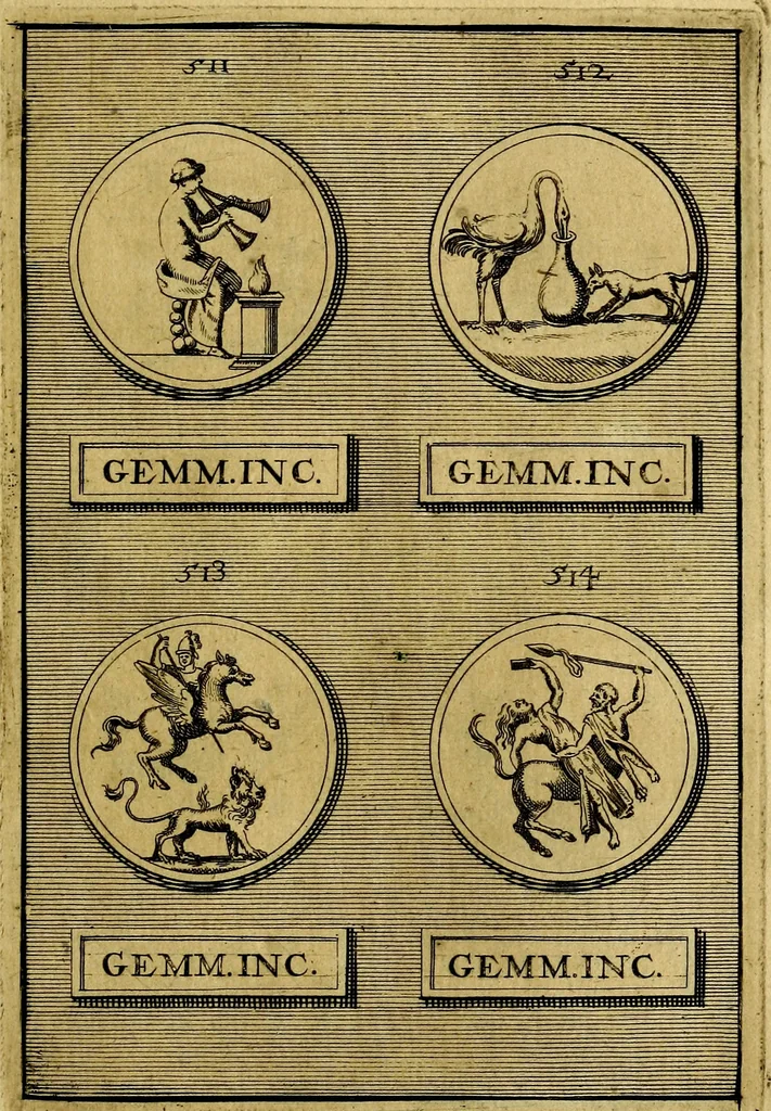 An illustration from Dactyliothecae, seu Annulorum sigillarium quorum priscos tam Graecos quam Romanos usus, ex ferro, aere, argento & auro promptuarii ... Collectis aliunde & ineditis & editis annulorum figuris auctior;, 1695, leaf 624
