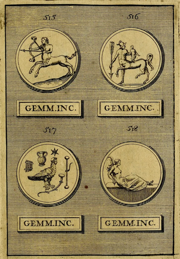 An illustration from Dactyliothecae, seu Annulorum sigillarium quorum priscos tam Graecos quam Romanos usus, ex ferro, aere, argento & auro promptuarii ... Collectis aliunde & ineditis & editis annulorum figuris auctior;, 1695, leaf 626
