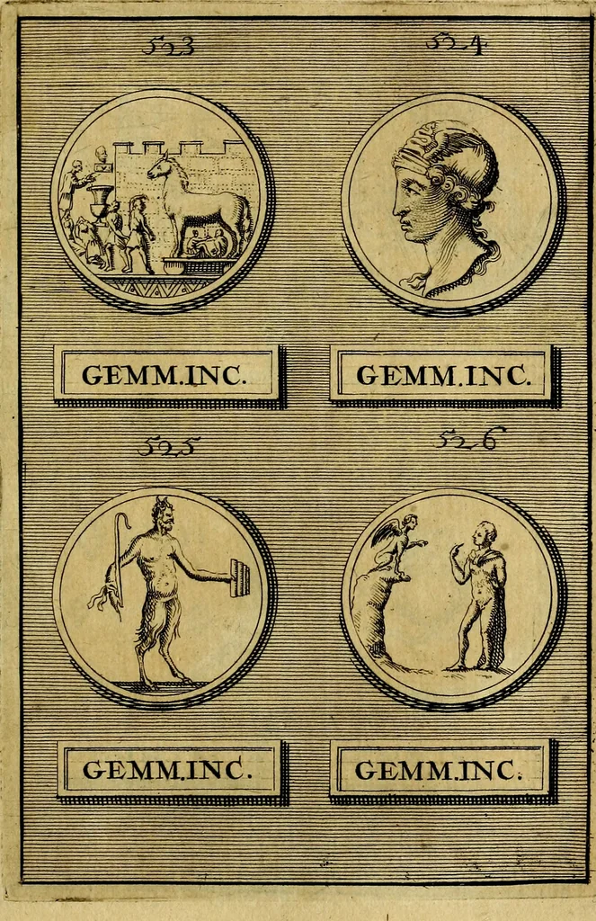 An illustration from Dactyliothecae, seu Annulorum sigillarium quorum priscos tam Graecos quam Romanos usus, ex ferro, aere, argento & auro promptuarii ... Collectis aliunde & ineditis & editis annulorum figuris auctior;, 1695, leaf 630