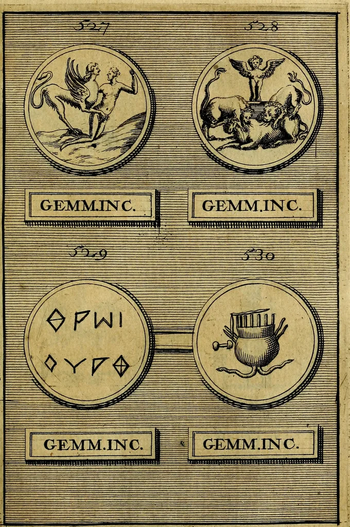 An illustration from Dactyliothecae, seu Annulorum sigillarium quorum priscos tam Graecos quam Romanos usus, ex ferro, aere, argento & auro promptuarii ... Collectis aliunde & ineditis & editis annulorum figuris auctior;, 1695, leaf 632