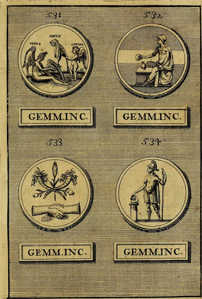 An illustration from Dactyliothecae, seu Annulorum sigillarium quorum priscos tam Graecos quam Romanos usus, ex ferro, aere, argento & auro promptuarii ... Collectis aliunde & ineditis & editis annulorum figuris auctior;, 1695, leaf 634