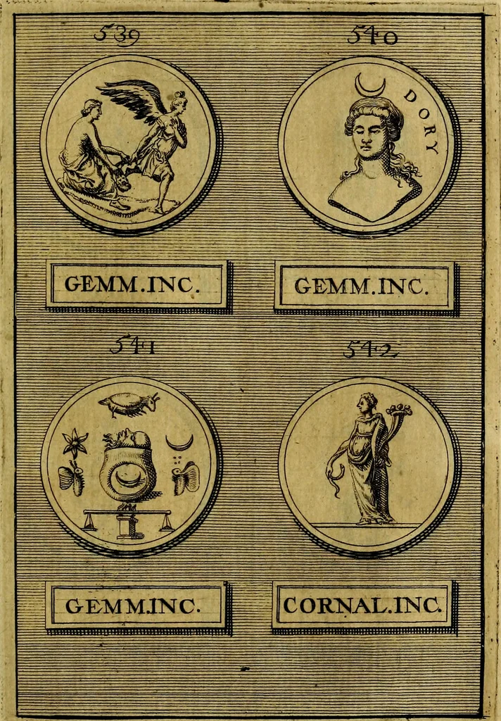 An illustration from Dactyliothecae, seu Annulorum sigillarium quorum priscos tam Graecos quam Romanos usus, ex ferro, aere, argento & auro promptuarii ... Collectis aliunde & ineditis & editis annulorum figuris auctior;, 1695, leaf 638