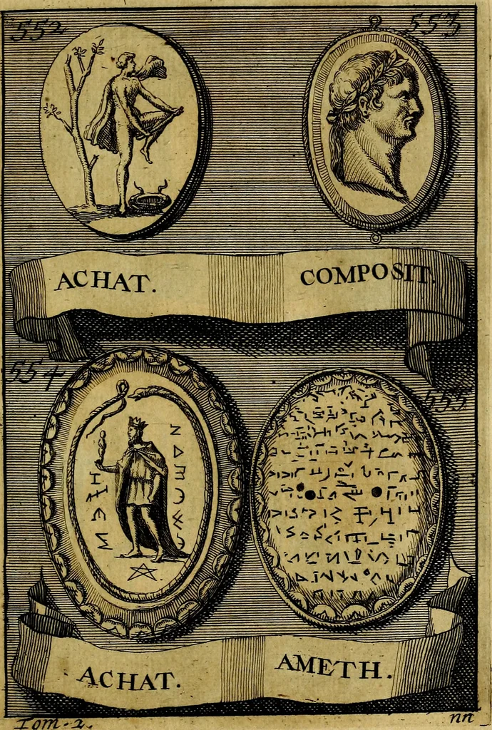 An illustration from Dactyliothecae, seu Annulorum sigillarium quorum priscos tam Graecos quam Romanos usus, ex ferro, aere, argento & auro promptuarii ... Collectis aliunde & ineditis & editis annulorum figuris auctior;, 1695, leaf 644