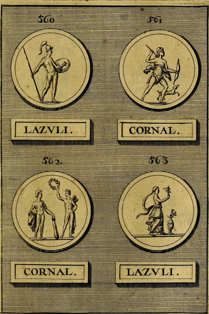An illustration from Dactyliothecae, seu Annulorum sigillarium quorum priscos tam Graecos quam Romanos usus, ex ferro, aere, argento & auro promptuarii ... Collectis aliunde & ineditis & editis annulorum figuris auctior;, 1695, leaf 652