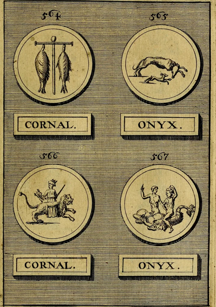 An illustration from Dactyliothecae, seu Annulorum sigillarium quorum priscos tam Graecos quam Romanos usus, ex ferro, aere, argento & auro promptuarii ... Collectis aliunde & ineditis & editis annulorum figuris auctior;, 1695, leaf 654