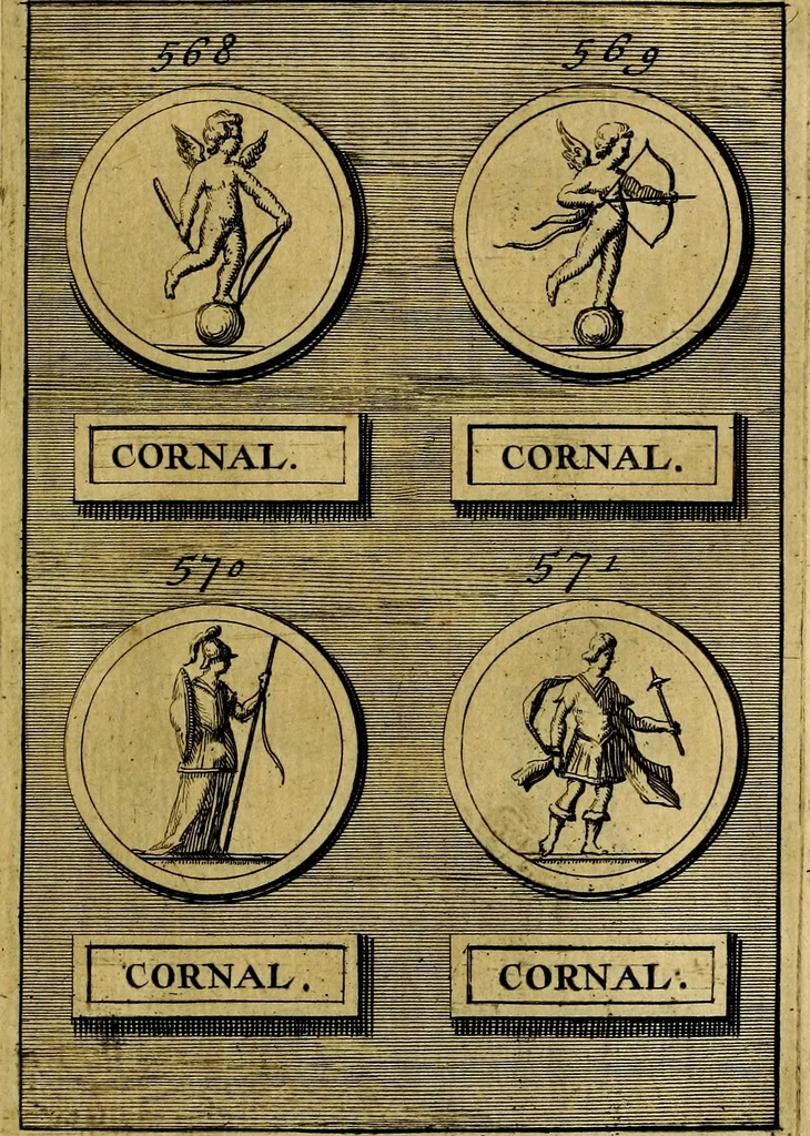 An illustration from Dactyliothecae, seu Annulorum sigillarium quorum priscos tam Graecos quam Romanos usus, ex ferro, aere, argento & auro promptuarii ... Collectis aliunde & ineditis & editis annulorum figuris auctior;, 1695, leaf 656