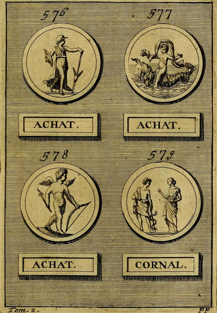 An illustration from Dactyliothecae, seu Annulorum sigillarium quorum priscos tam Graecos quam Romanos usus, ex ferro, aere, argento & auro promptuarii ... Collectis aliunde & ineditis & editis annulorum figuris auctior;, 1695, leaf 660