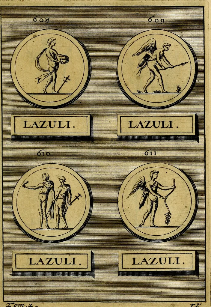 An illustration from Dactyliothecae, seu Annulorum sigillarium quorum priscos tam Graecos quam Romanos usus, ex ferro, aere, argento & auro promptuarii ... Collectis aliunde & ineditis & editis annulorum figuris auctior;, 1695, leaf 676