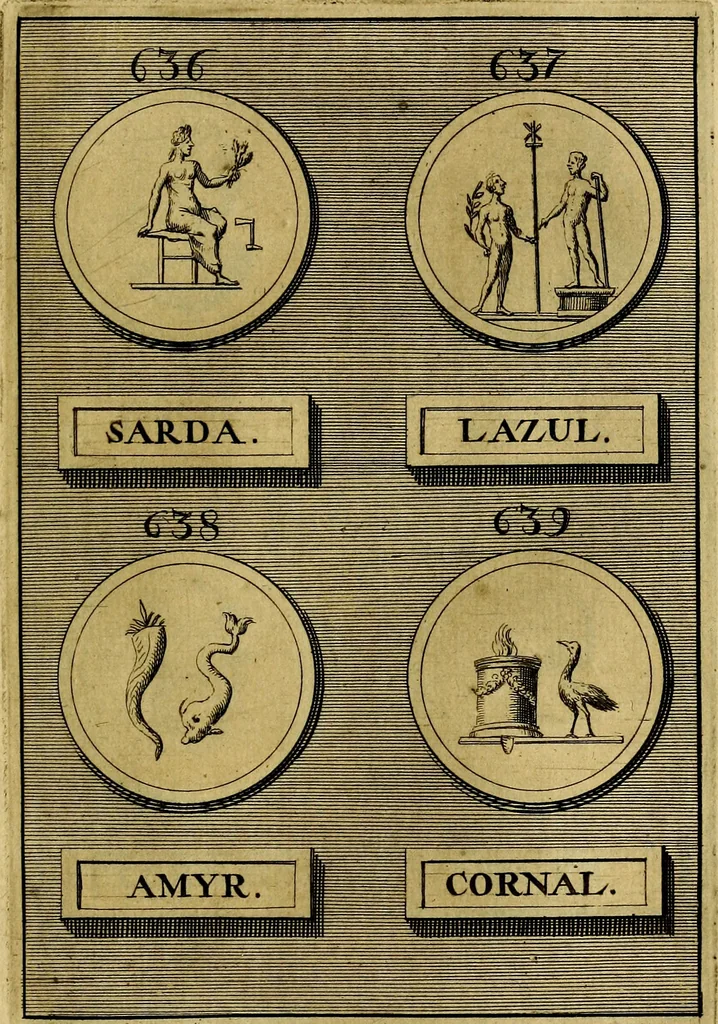 An illustration from Dactyliothecae, seu Annulorum sigillarium quorum priscos tam Graecos quam Romanos usus, ex ferro, aere, argento & auro promptuarii ... Collectis aliunde & ineditis & editis annulorum figuris auctior;, 1695, leaf 690