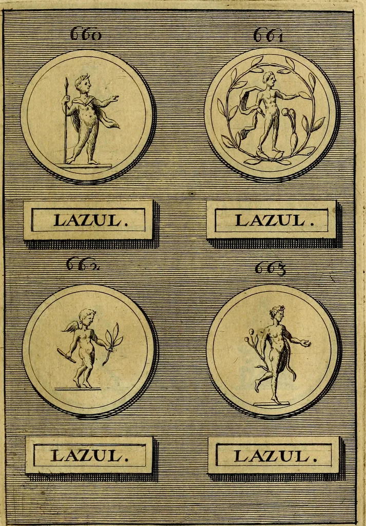 An illustration from Dactyliothecae, seu Annulorum sigillarium quorum priscos tam Graecos quam Romanos usus, ex ferro, aere, argento & auro promptuarii ... Collectis aliunde & ineditis & editis annulorum figuris auctior;, 1695, leaf 702
