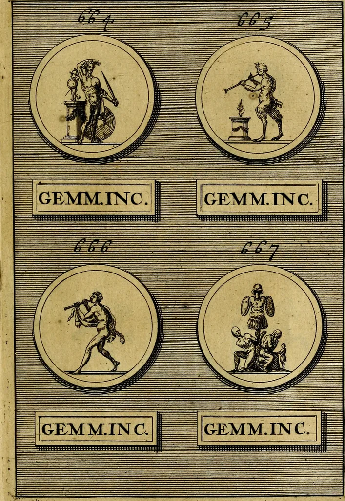 An illustration from Dactyliothecae, seu Annulorum sigillarium quorum priscos tam Graecos quam Romanos usus, ex ferro, aere, argento & auro promptuarii ... Collectis aliunde & ineditis & editis annulorum figuris auctior;, 1695, leaf 704