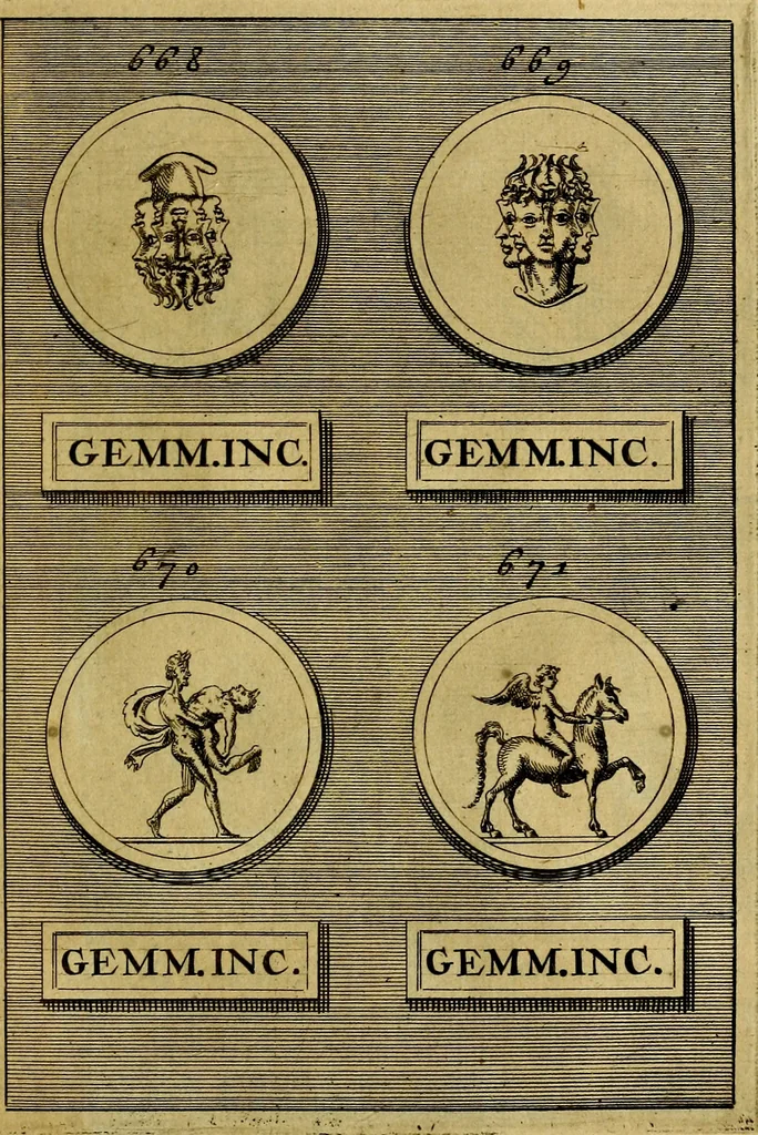 An illustration from Dactyliothecae, seu Annulorum sigillarium quorum priscos tam Graecos quam Romanos usus, ex ferro, aere, argento & auro promptuarii ... Collectis aliunde & ineditis & editis annulorum figuris auctior;, 1695, leaf 706