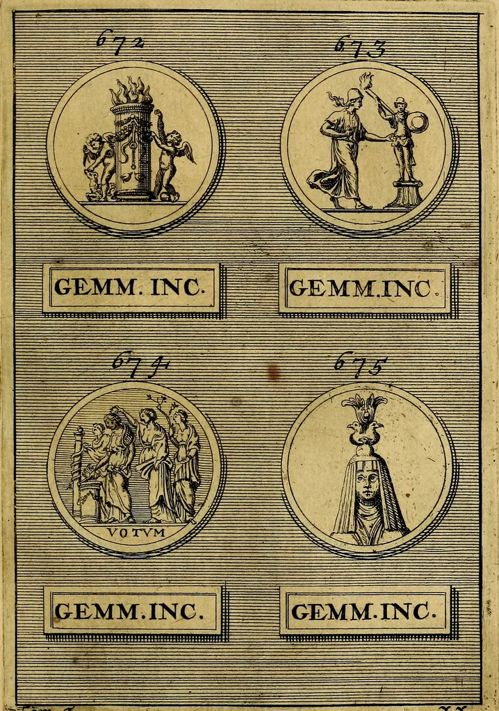An illustration from Dactyliothecae, seu Annulorum sigillarium quorum priscos tam Graecos quam Romanos usus, ex ferro, aere, argento & auro promptuarii ... Collectis aliunde & ineditis & editis annulorum figuris auctior;, 1695, leaf 708